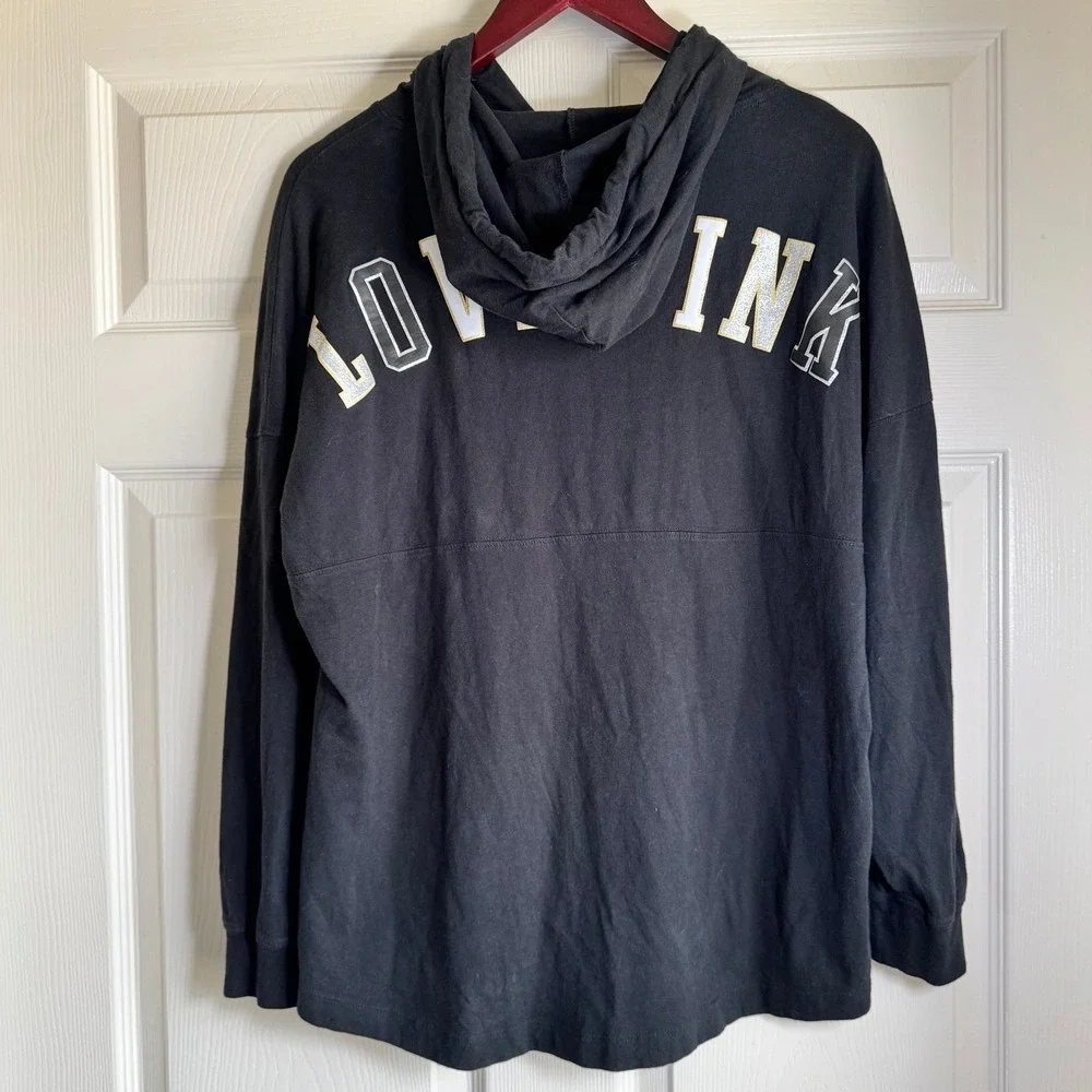PINK Victoria's Secret Black Glitter Logo Hooded Long Sleeve Tee Shirt Womens S - Picture 13 of 14